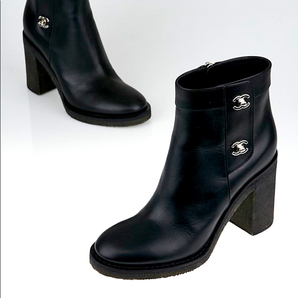 Chanel Black Calfskin Turnlock Logo Ankle Boots